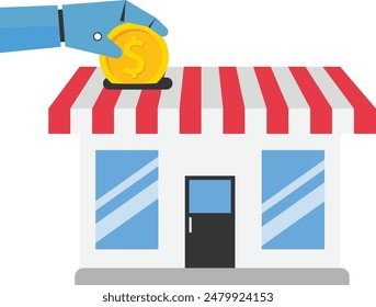 Funding small business. Robot hand insert coin into small business store. Backing startup project or banking loan to start new business. Automatic investment or smart savings to open new shop. vector
