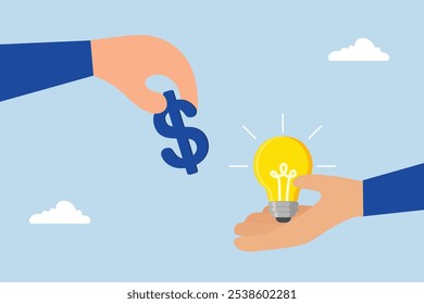 Financiando a ideia de start-up, o empresário entrega uma nota de um dólar para apoiar uma ideia de negócio brilhante. 