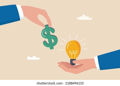 Funding startup idea, fundraising to start business, investor, venture capital or VC to financial support, budget or sponsorship concept, businessman hand give dollar money to lightbulb business idea.