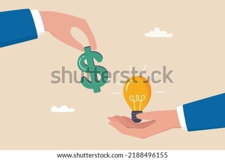 Funding startup idea, fundraising to start business, investor, venture capital or VC to financial support, budget or sponsorship concept, businessman hand give dollar money to lightbulb business idea.