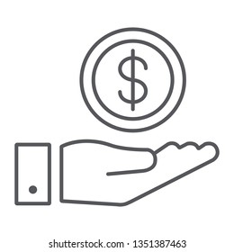 Funding thin line icon, finance and banking, money in hand sign, vector graphics, a linear pattern on a white background, eps 10.