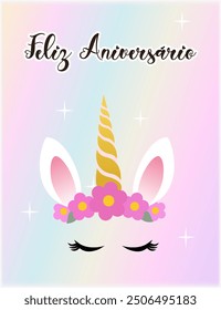 Fundo vetorial de feliz aniversário com um unicórnio, arco-íris