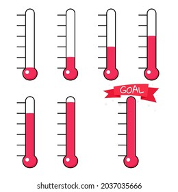 Fundraiser goal thermometer with progress icon set. Clipart image isolated on white background