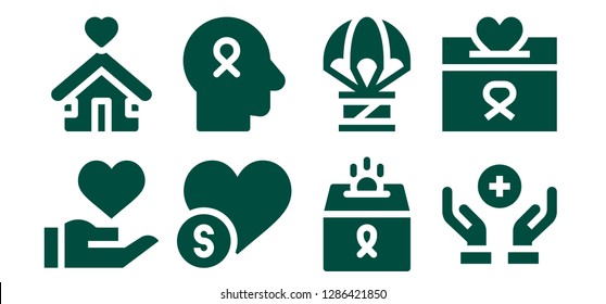  fundraiser icon set. 8 filled fundraiser icons. Simple modern icons about  - Donation, Shelter, Charity, Hope, Humanitarian