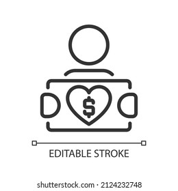 Fundraiser pixel perfect linear icon. Soliciting potential donors. Raising money for charity campaign. Thin line illustration. Contour symbol. Vector outline drawing. Editable stroke. Arial font used