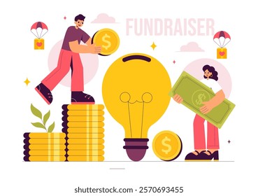 Fundraiser Vector Illustration featuring a Heart to Symbolize Support and Humanitarian Assistance, with Themes of Charity, Donation and Helping Others