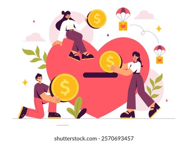 Fundraiser Vector Illustration featuring a Heart to Symbolize Support and Humanitarian Assistance, with Themes of Charity, Donation and Helping Others