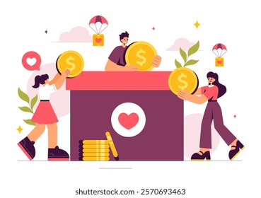 Fundraiser Vector Illustration featuring a Heart to Symbolize Support and Humanitarian Assistance, with Themes of Charity, Donation and Helping Others