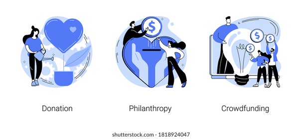 Fundraising Abstract Concept Vector Illustration Set. Donation And Philanthropy, Crowdfunding And Crowdsourcing, Raise Money In Internet, Financial Support And Charity Project Abstract Metaphor.