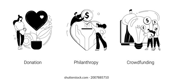 Fundraising abstract concept vector illustration set. Donation and philanthropy, crowdfunding and crowdsourcing, raise money in internet, financial support and charity project abstract metaphor.