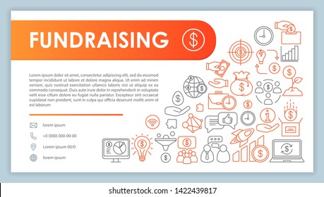 Fundraising Banner, Business Card Vector Template. Crowdfunding And Sponsorship. Company Contact With Phone, Email Line Icons. Financing, Budgeting. Presentation, Web Page Idea. Corporate Print Layout