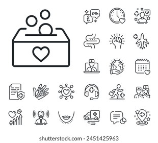 Fundraising box sign. Online doctor, patient and medicine outline icons. Donate money box line icon. Donation coin symbol. Donation line sign. Veins, nerves and cosmetic procedure icon. Vector