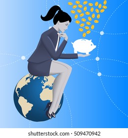 Fundraising business concept. Pensive business woman in business suit sits on top of cloud with piggy bank in her hand under rain of coins. Attracting investments, crowdfunding, fundraising concepts