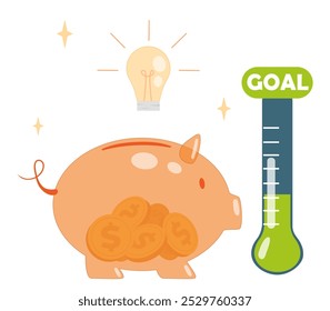 Fundraising business idea tracker. Piggy bank with light bulb and meter. Financial literacy and passive income. Search for investors. Flat vector illustration isolated on white background