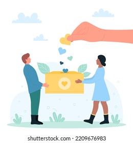 Fundraising for charity, financial help and assistance vector illustration. Cartoon hand of volunteer throwing heart into moneybox, tiny fundraisers holding box for donation of nonprofit fund