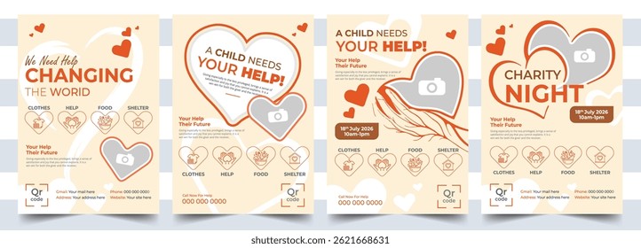 Fundraising Charity Flyer Design for Donation and Humanity. A4 Flyer Template for Helping Children, Homeless, Support, Compassion, Fundraising, Food, Shelter, and Social Services.