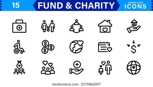 Fundraising and Charity Icon Collection. Minimalist Outline and Vector Icons for Social Impact, Donations, and Nonprofit Campaigns