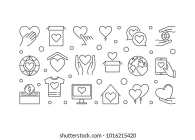 Fundraising and charity vector concept illustration or horizontal banner in thin line style on white background