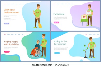 Fundraising and cleaning environment vector, people with disabilities and planting trees, watering plants, volunteers working, kind volunteering. Website or slider app, landing page flat style