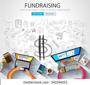 Fundraising concept with Doodle design style :finding money, financial management, creative thinking. Modern style illustration for web banners, brochure and flyers.