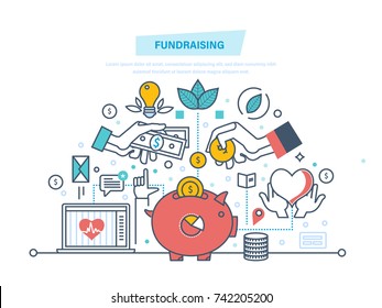Fundraising concept. Fundraising event, volunteer center. Donation in heart form. Charitable foundations, help people and donation, helping the needy people. Illustration thin line design.
