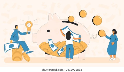 Concepto de recaudación de fondos. Lanzamiento de los fundadores sobre la idea de negocio para los patrocinadores. Objetivo de inicio. Gente con moneybox de canapé. Acto de crowdfunding. Ilustración plana vectorial.
