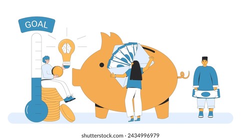 Fundraising concept. Founder pitching about business idea for sponsors. Startup goal. People with light bulb, thermometer and piggy bank. Crowdfunding event. Vector flat illustration.
