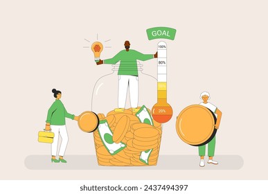 Fundraising concept. Founder pitching about business idea. Startup goal. Founder pitch for sponsors. People with light bulb, thermometer and moneybox. Crowdfunding event. Vector flat illustration.