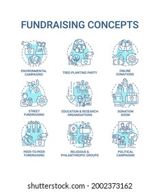 Fundraising concept icons set. Gathering financial support idea thin line color illustrations. Religious, philanthropic groups. Online donations. Vector isolated outline drawings. Editable stroke