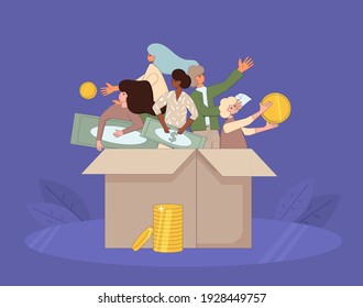 Fundraising concept. People in the  box holding money the have got from volunteers. Line art flat vector illustration. 