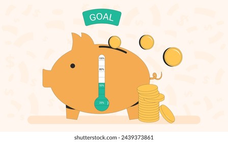 Fundraising concept. Startup financial goal. Thermometer and piggybank money box. Business investment. Crowdfunding event symbol. Vector flat illustration.