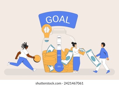 Fundraising concept. Startup idea. People with goal thermometer and moneybox. Donation event. Venture capital investments round. Crowdfunding metaphor. Vector flat illustration.