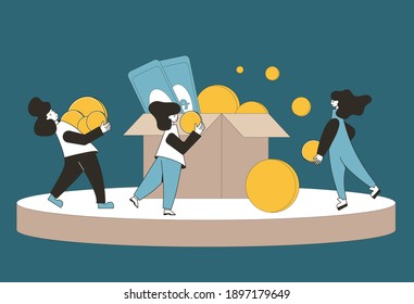 Fundraising concept. Young people raising money together. Teenagers with huge coins, greenbacks and box. Line art flat vector illustration. 