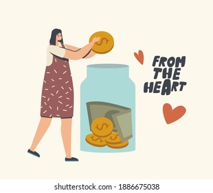 Fundraising, Donation, Volunteers Charity Concept. Tiny Female Character Throw Coin into Huge Glass Jar for Donate. Woman Giving Money, Love and Support to People in Need. Linear Vector Illustration