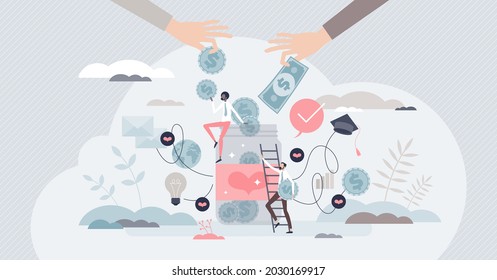 Fundraising event with money collection and support tiny person concept. Crowd funding volunteering project with finances gathering for common goal vector illustration. Contribution and savings share.