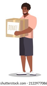 Fundraising event semi flat RGB color vector illustration. Male volunteer holding box for charity isolated cartoon character on white background