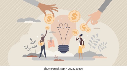 Fundraising As Gathering Voluntary Financial Contribution Tiny Person Concept. Innovative Startup Business Money Support From Community Vector Illustration. Help Campaign To Creative Company Project.