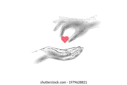 Fundraising giving heart symbol money hand. Charity volunteer giving donate social project. Finance funding dark low poly vector illustration