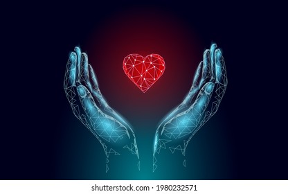 Fundraising giving heart symbol money hand. Charity volunteer giving donate social project. Finance funding dark low poly vector illustration