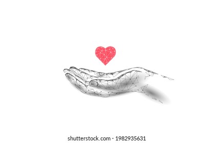 Fundraising giving heart symbol money hand. Charity volunteer giving donate social project. Finance funding dark low poly vector illustration