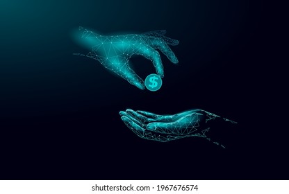 Fundraising giving money hand. Charity volunteer giving donate social project. Finance funding dark low poly vector illustration