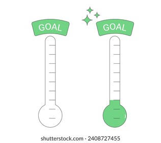 Fundraising goal thermometer set isolated on white background. Money tracker. Indicator of progress for donation event. Vector illustration.