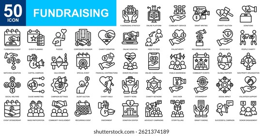 Conjunto de coleções de ícones de arrecadação de fundos. Crowdfunding, relações públicas, humanitário, apoio financeiro, ícone de planejamento econômico. Vetor de linha simples.	