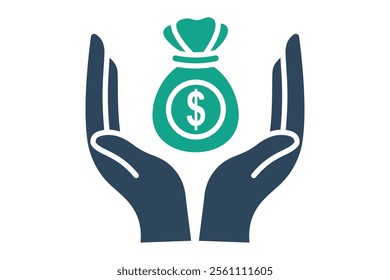 Fundraising icon. solid icon style. hand with money bag. icon related to charity. donation elements vector illustration