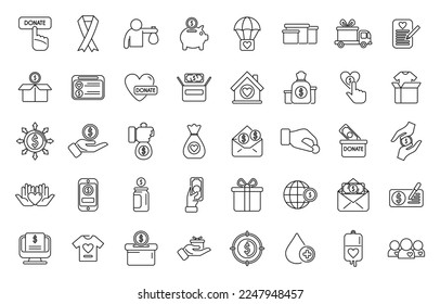 Los iconos de recaudación de fondos establecen el vector de contorno. Donar para contribuir. Regalo