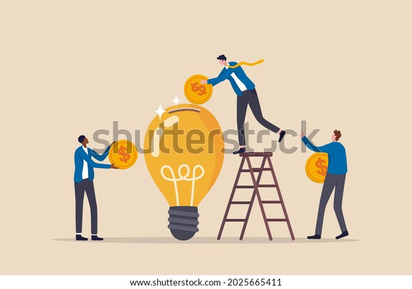Fundraising idea, funding new innovative\
project, donation, investing or VC venture capital to support\
startup idea concept, business people donate or contribute fund\
raiser new lightbulb\
project.