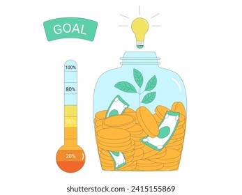 Fundraising idea tracker. Startup goal thermometer and jar with money isolated on white background. Indicator of progress for donation event. Venture capital investments round. Vector illustration.