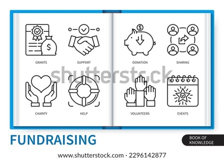 Fundraising infographics elements set. Volunteers, grants, support, events, charity, sharing, donation, help. Web vector linear icons collection