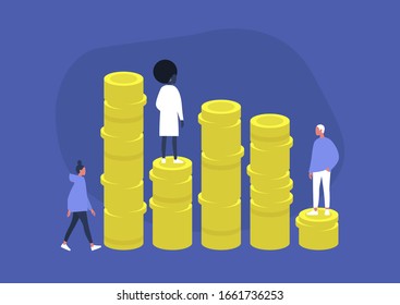 Fundraising, IPO, investment, a group of characters standing and walking next to a stack of coins
