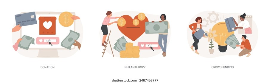 Fundraising isolated concept vector illustration set. Donation and philanthropy, crowdfunding and crowdsourcing, raise money in internet, financial support and charity project vector concept.